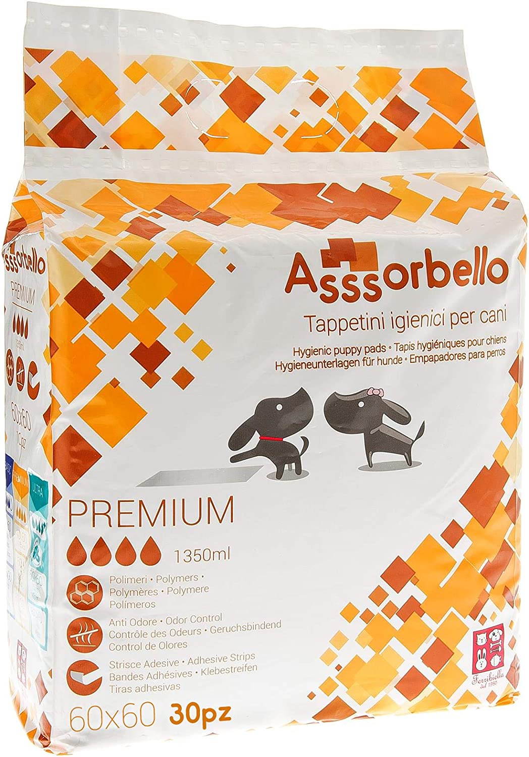 FERRIBIELLA Assorbello PREMIUM, Tappetini Igienici per Cani, 60 x 60 cm, Multicolore, 30 pezzi