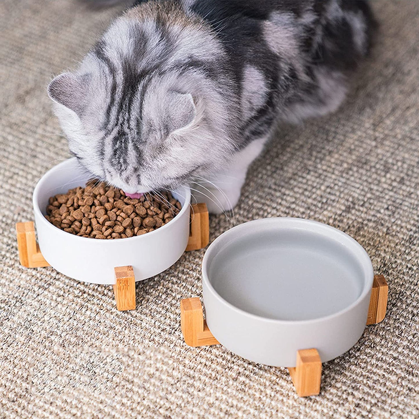 Ciotola per Cani o gatti in Ceramica, Cibo Animali, Ciotole L'acqua Supporto in Legno Antiscivolo Lavabile in Lavastoviglie Adatta Al Microonde Gres Resistente Per Cani E Gatti Piccola E Media Taglia,Verde o grigia da 400 ml o 850ml